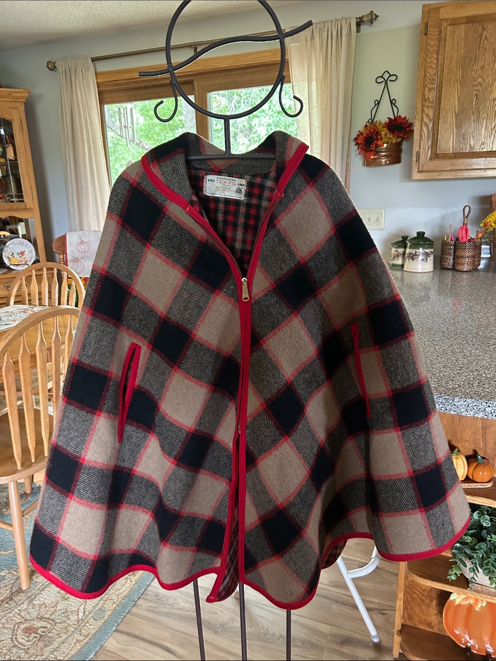 Plaid Wool Cape with Red Trim